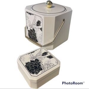 Vintage Mid Century Laquer Ware Ice Bucket and Coasters. Black and white floral.